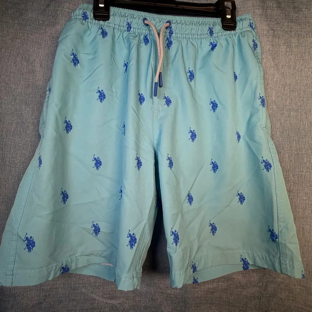 U.S. Polo‎ Assn Boys Aqua Blue Allover Pony Swim Trunks Shorts XL 14-16